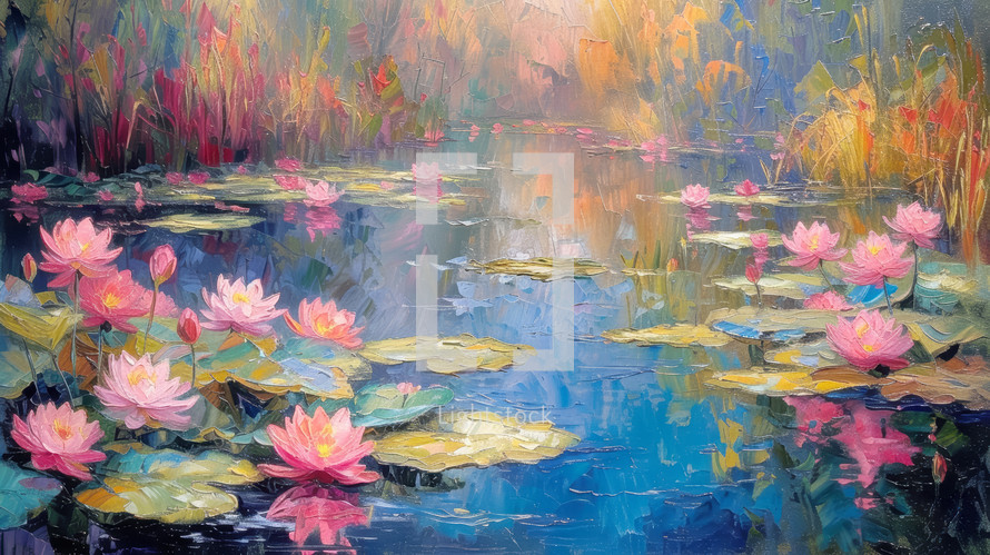 A luminous French pond scene, this painting bursts with life, showcasing vibrant pink water lilies and golden sunlight reflections.