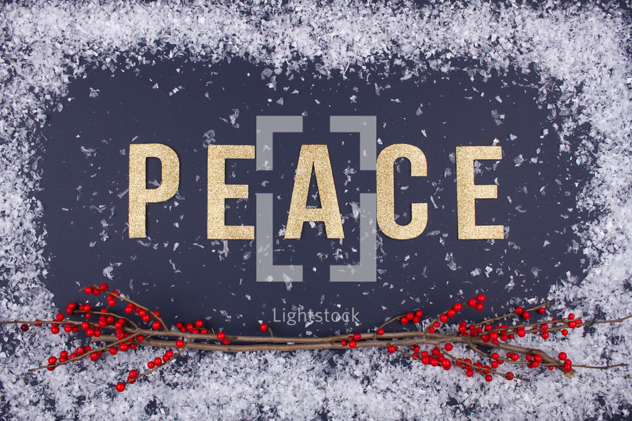 word peace and red berries with a snow border 