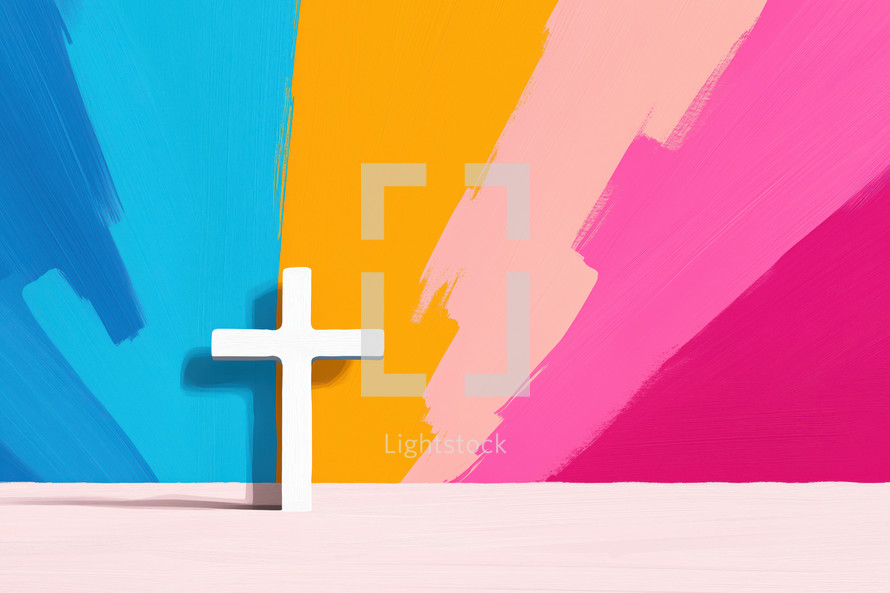 'Minimalist white cross set against a vibrant, colorful background with bold brush strokes. A modern representation of Christian faith and spirituality.