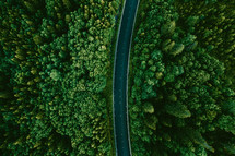 aerial view over a highway through a forest 