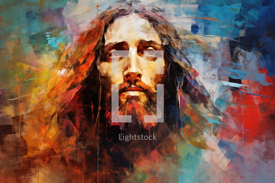 Jesus Christ on abstract colorful background. Digital painting. 3D rendering