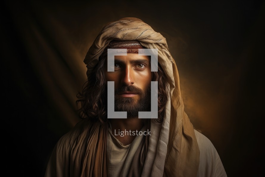 Realistic portrait of Jesus Christ on a dark background with light