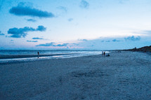 people on a beach at dusk 