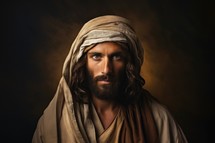 Realistic portrait of Jesus Christ on dark background with light in the background
