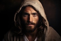 Realistic portrait of Jesus Christ over dark brown background.