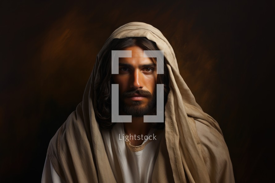 Realistic Jesus Christ on dark background, close-up portrait
