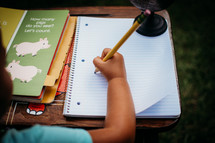 a child doing homework outdoors 