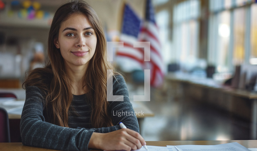 Portrait of a young female election volunteer at a registration desk with an American flag in the background.
