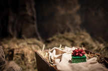 Green wrapped box with red bow on linen cloth in basket of hay.