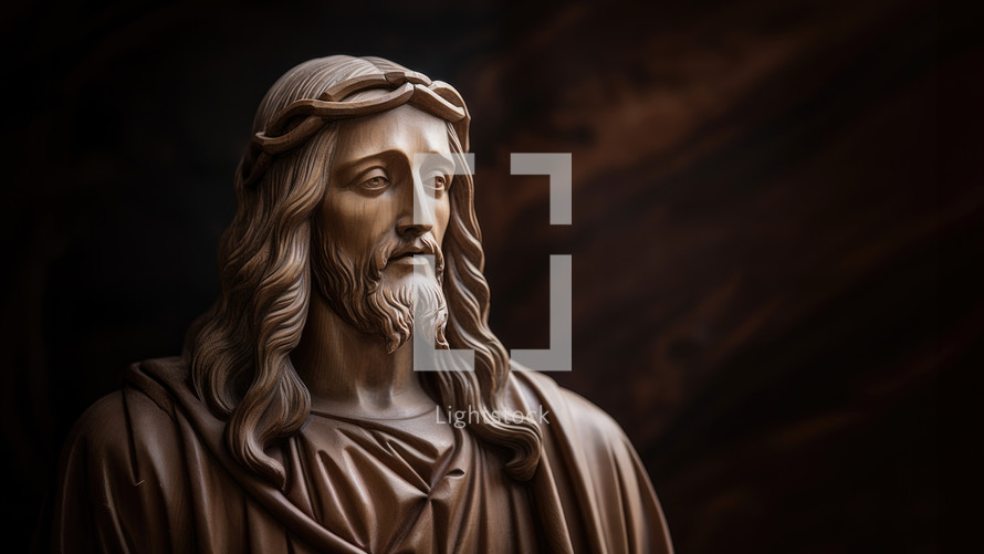 Statue of Jesus Christ on dark wooden background with copy space