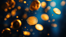 Golden coins in motion against a blue background. Concept of wealth, finance, and investment.