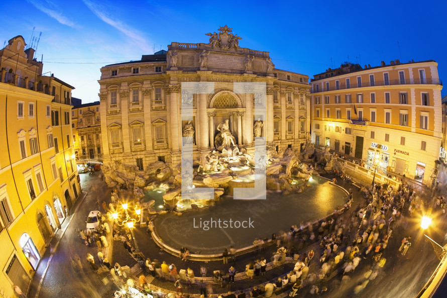 Elevated view of Trevi Fountain at dusk.
Rome.
Italy.- editorial use only