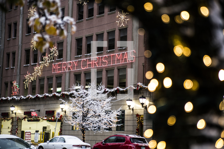 Merry Christmas, Christmas decoration and lights downtown 