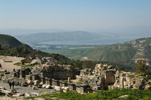 View of the Sea of Galilee and the Golan Heights north of the ruins of Umm Qais