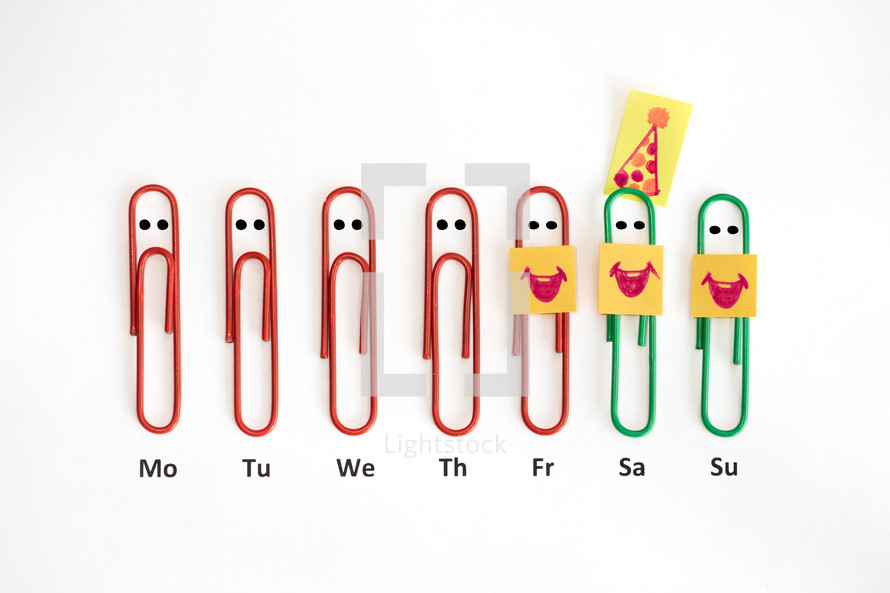 Sad paper clips for each day of the week with happy ones on the weekend