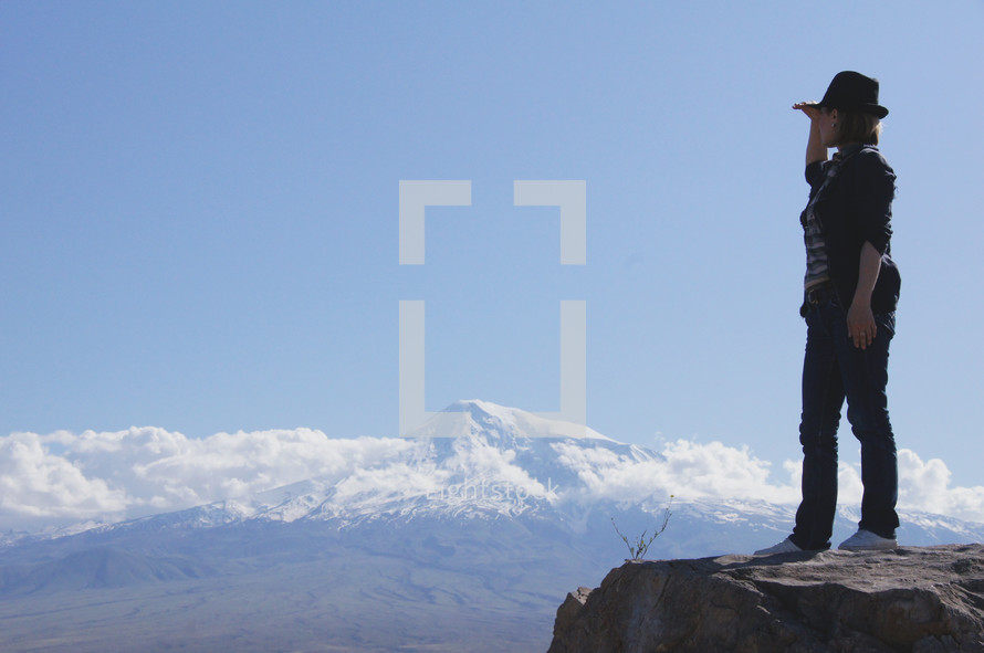 Woman looking at view of Mt. Ararat