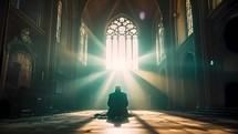 Silhouette of a man praying alone sitting in a church