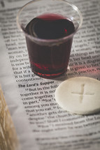 communion cup and wafer on the pages of a Bible 