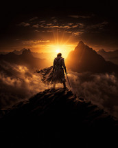 A male warrior knight stands on the rocks of the mountains, and takes in the view as the sun sets in the valley below. Clouds an fog run down of the mountains