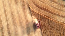 Aerial view 4k combine harvester agriculture machine harvesting golden ripe wheat field. Agricultural harvesting works. The harvester moves in field and mows ripe wheat in the sunset.