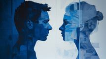 Painted graphic of man and woman in a standoff argument.
