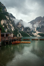 mountain lake with rowboats 