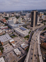 aerial view over a city freeway
