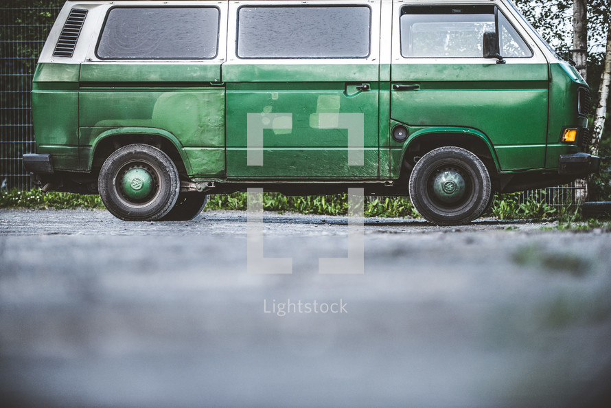 parked old green van 