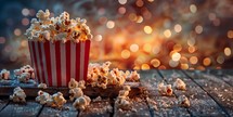 Popcorn in a striped bucket on a wooden table against the background of a blurred bokeh.