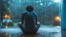 Back view of young man sitting in lotus position and looking at raindrops on window