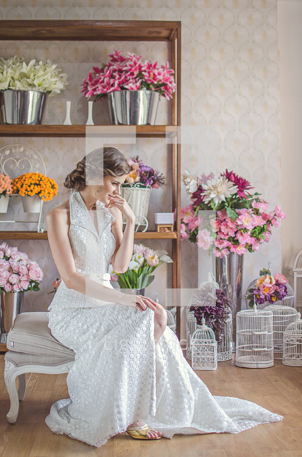 A bride in a flower shop. 