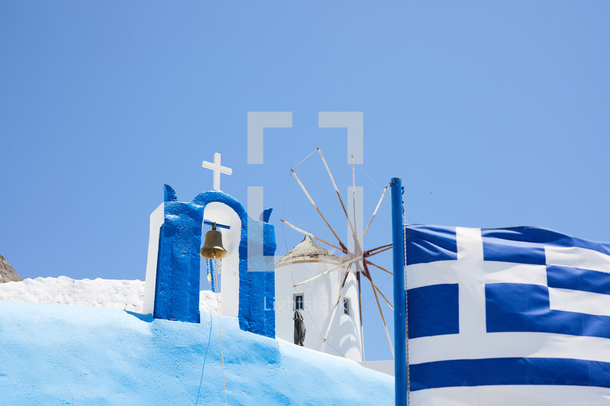 Greek flag and bell tower 