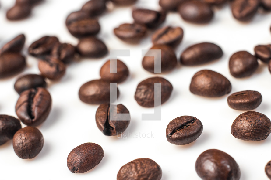 brown coffee beans against a white background. 