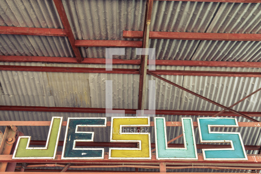 word Jesus, metal sign 