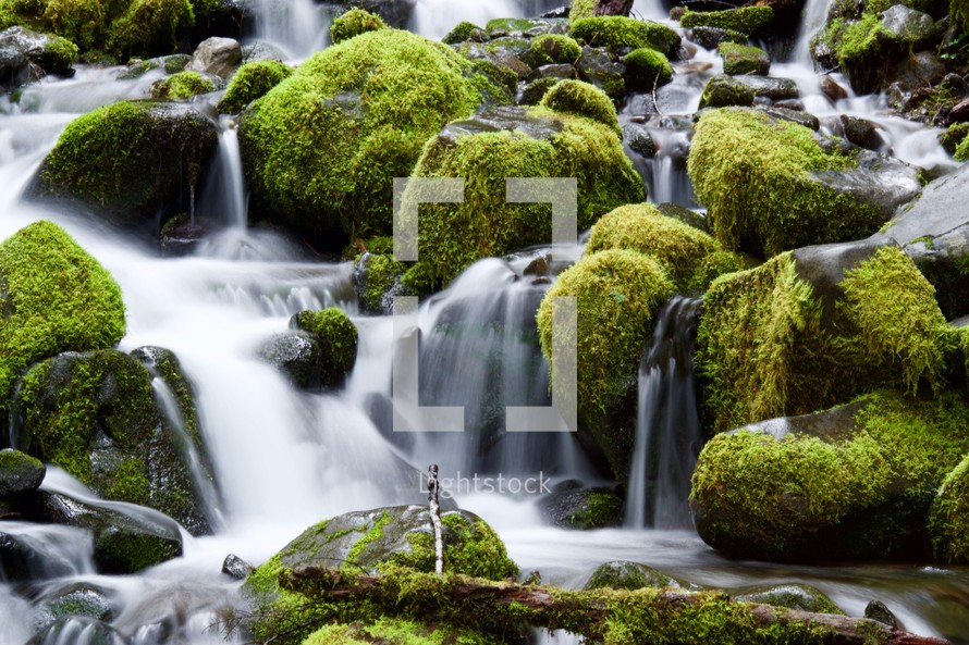 waterfalls over mossy rocks 