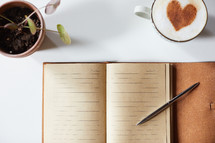 cinnamon heart in a coffee cup, journal, pen, and house plant 