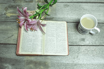 lilies on an opened Bible and coffee cup 