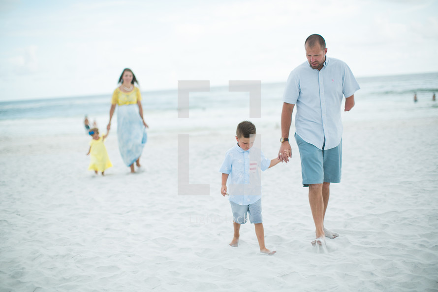 family walking on a beach 