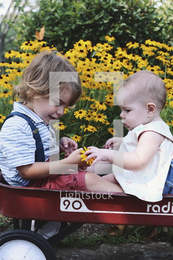 a brother and sister playing with flowers while sitting in a red wagon 