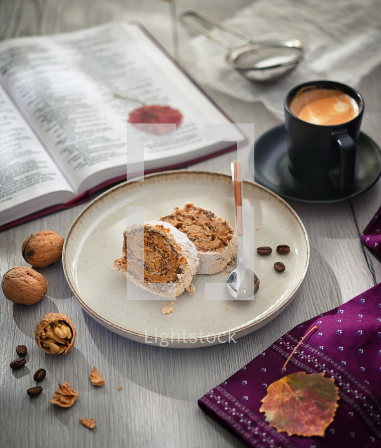 Treat with coffee and Bible with fall leaf