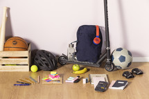 Back-to-School Supplies Display: Backpacks, Kickbike, Pens, and Books