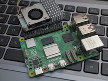 Galati, ROMANIA - November 10, 2023: Close-up of a Raspberry Pi 5 on a laptop keyboard. The Raspberry Pi is a credit-card-sized single-board computer developed in the UK