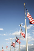 row of American flags on flag poles 