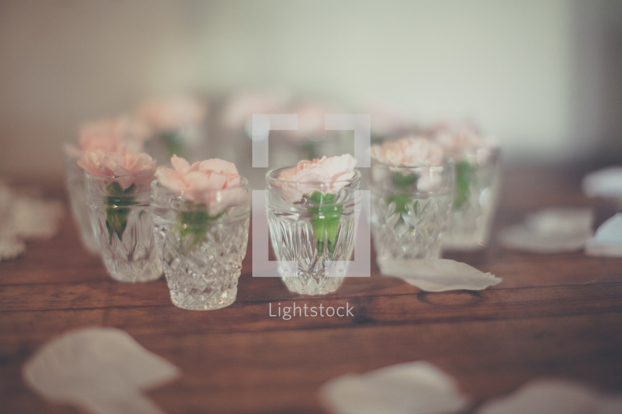 pink flowers in glasses 