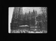 vintage photograph of a cathedral and pedestrians 
