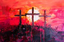 A stylized painting of the three crosses silhouette against the sunset on the hill of Golgotha.