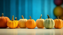 Fall pumpkins in a row on a blue background. 