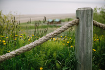 rope fence in front of dunes on a beach 
