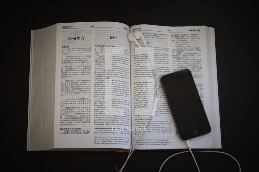 ipod, earbuds, open Bible, pages, Bible, iPhone