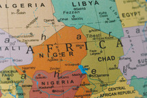close up of a map of Africa, including, Libya, Chad, Nigeria, Algeria 